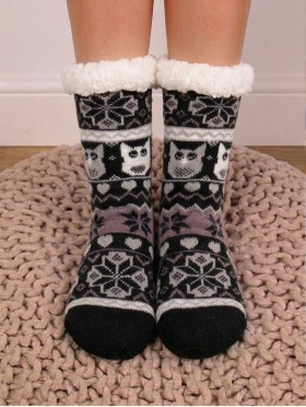 Kitten & Snowflake Print Indoor Anti-Slippery  Slipper Socks