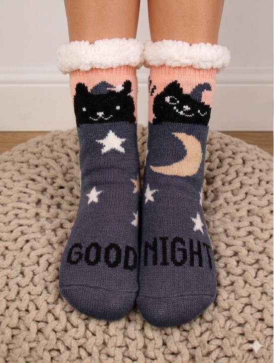Indoor Anti-Slippery Slipper Socks W/ Sleeping Cat Design