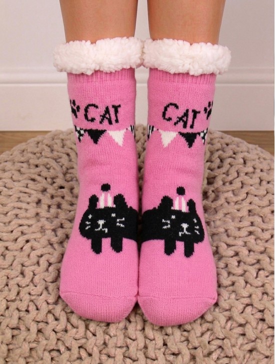 Indoor Anti-Slippery Slipper Socks W/ Party Cat Design Indoor Anti-Slippery Slipper Socks W/ Party Cat Design