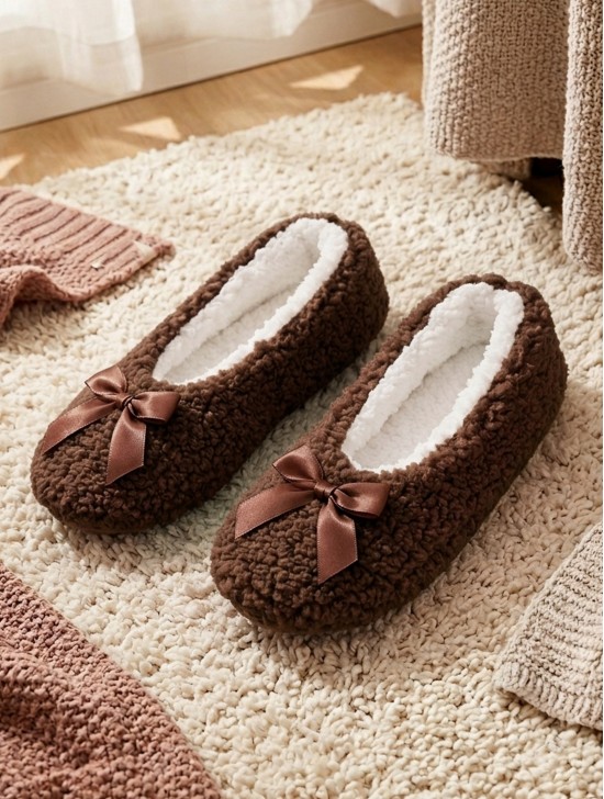 Solid Colour Indoors Anti-Slippery Winter Slipper Socks W/Ribbon Solid Colour Indoors Anti-Slippery Winter Slipper Socks W/Ribbon