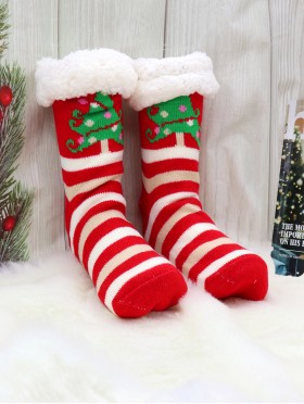 Holiday Tree and Striped Indoor Anti-Skid Slipper Socks (With Heel)