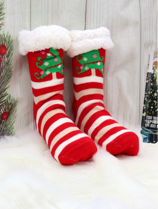 Holiday Tree and Striped Indoor Anti-Skid Slipper Socks (With Heel)