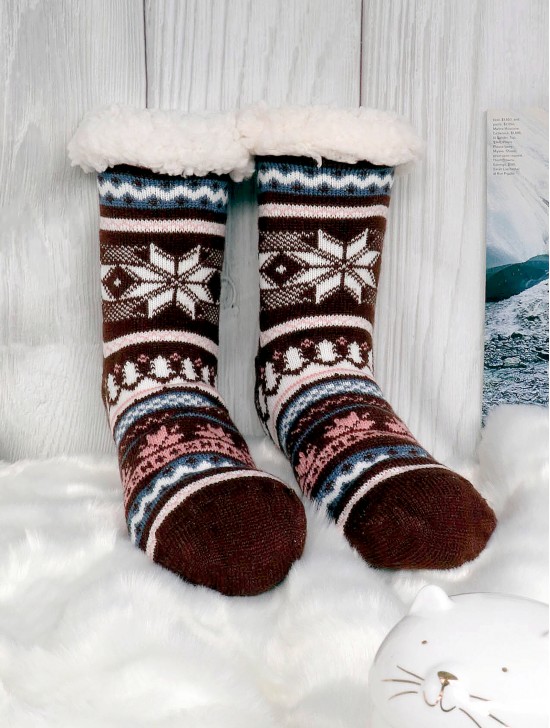 Multi Colour Snowflake Print Indoor Anti-Skid Winter Slipper Socks