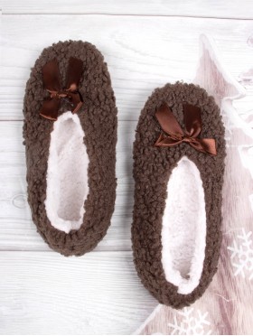 Solid Colour Indoors Anti-Skid Winter Slipper Socks W/Ribbon 