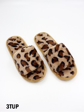 Open Toe Leopard Soft Plush Fuzzy Indoor Slippers