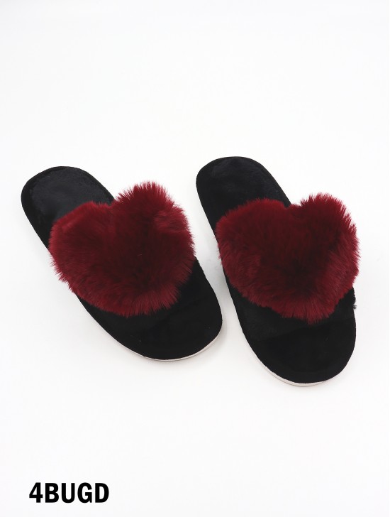 Open Toe Faux Fur Heart Design Indoor Slippers