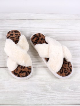 Open Toe Leopard Soft Plush Fuzzy Indoor Slippers 
