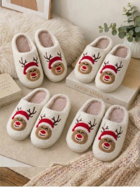 Soft Plush Reindeer Fuzzy Non-Slip Slippers (4 Pairs)