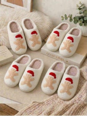 Soft Plush Gingerbread Man Fuzzy Non-Slip Slippers (4 Pairs)