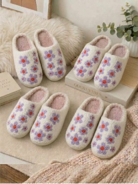 Soft Plush Flower Fuzzy Non-Slip Slippers (4 Pairs)