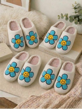 Soft Plush Flower Fuzzy Non-Slip Slippers (4 Pairs)