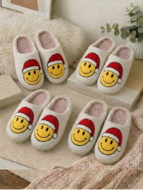 Soft Plush Smiley Face Fuzzy Non-Slip Slippers (4 Pairs)