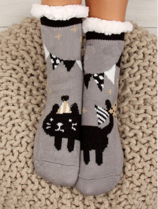 Indoor  Anti-Slippery Slipper Socks W/ Party Cat Design