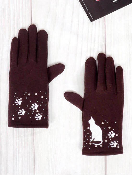 Cat Print Touch Screen Glove W/ Rhinestone & Pearls