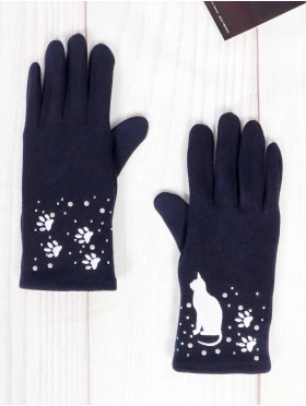 Cat Print Touch Screen Glove W/ Rhinestone & Pearls
