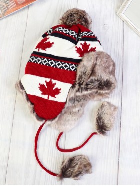 Warm Fur Maple Leaf Knitted Hat W/ Ear Flaps & Fur Tassels