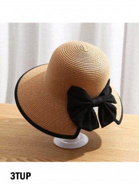 Wide Brim V-Back Summer Hat W/ Ribbon Bow 