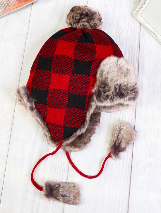 Red and black plaid pattern Fur Hat W/ Pompoms (Plush inside)