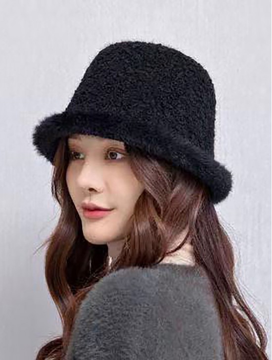 Solid Colour Fuzzy Bucket Hat with Brim