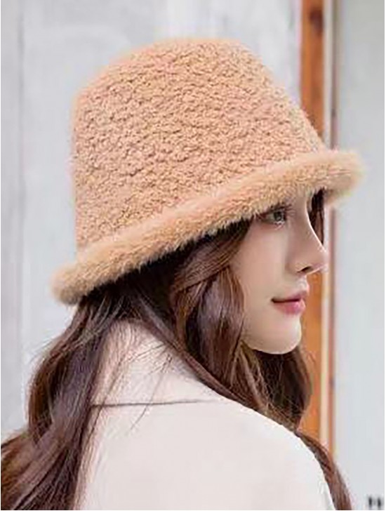 Solid Colour Fuzzy Bucket Hat with Brim