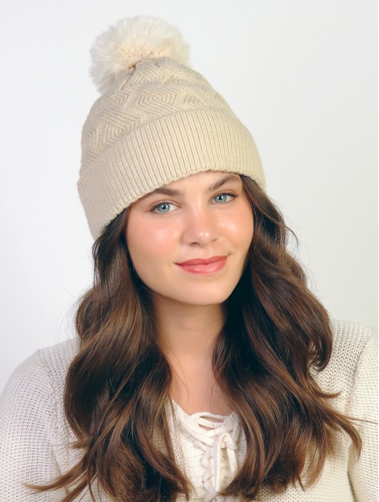  Soft Diamond Knitted Hat with Plush Pom Pom