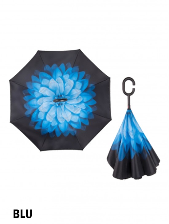 Blue Flower Print Double Layer Inverted Umbrellas W/ C-Shaped Handle