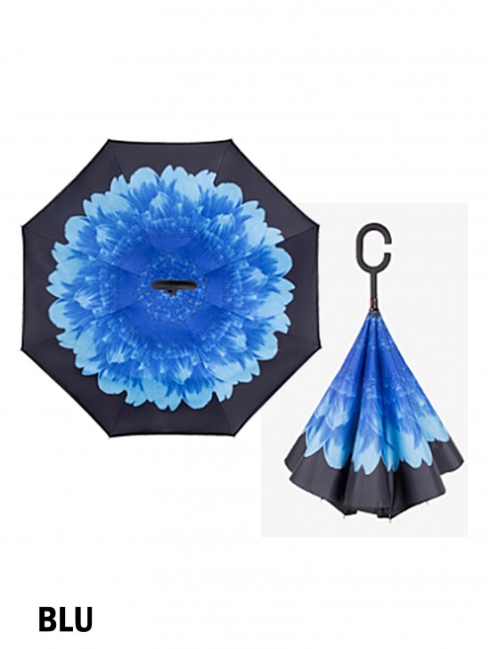 Blue Peony Print Double Layer Automatic Inverted Umbrellas