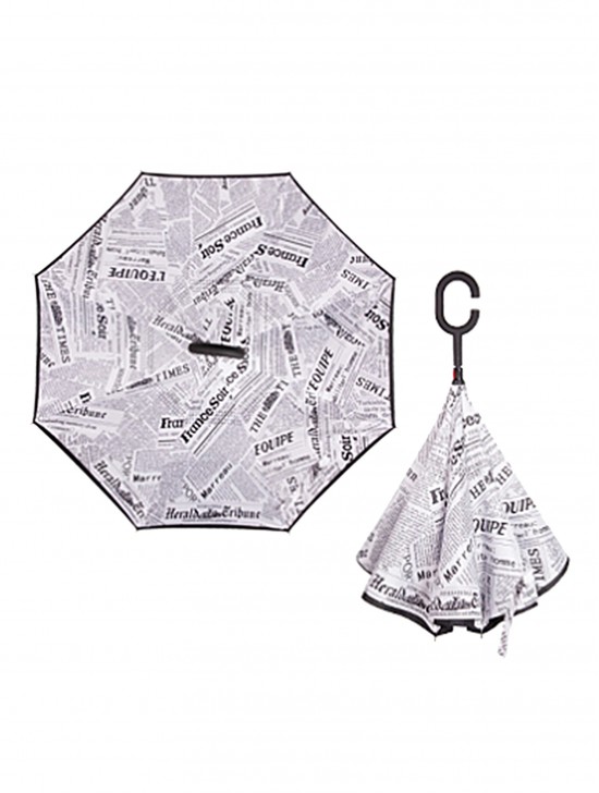 Newspaper Print Double Layer Inverted Umbrellas W/ C-Shaped Handle