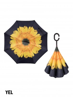 Yellow Flower Print Double Layer Inverted Umbrellas W/ C-Shaped Handle