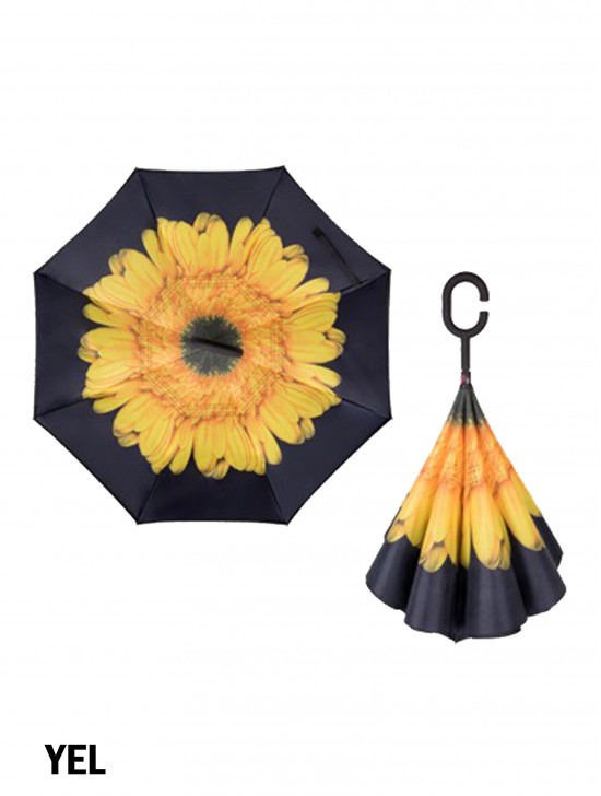 Yellow Flower Print Double Layer Inverted Umbrellas W/ C-Shaped Handle