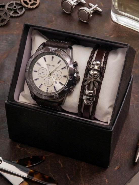 Men's Fashion Watch & Bracelet Set W/Gift Box 