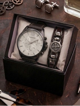 Men's Fashion Watch & Bracelet Set W/Gift Box 