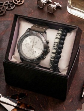 Men's Fashion Watch & Bracelet Set W/Gift Box 