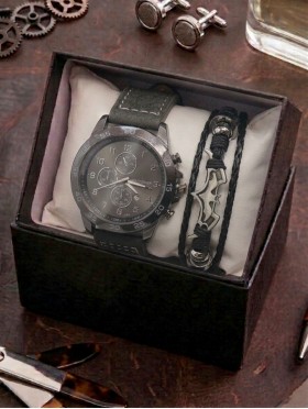 Men's Fashion Watch & Bracelet Set W/Gift Box 