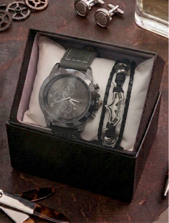 Men's Fashion Watch & Bracelet Set W/Gift Box 
