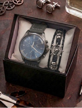 Men's Fashion Watch & Bracelet Set W/Gift Box 