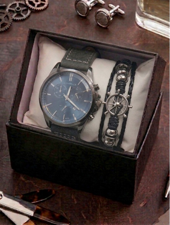 Men's Fashion Watch & Bracelet Set W/Gift Box 