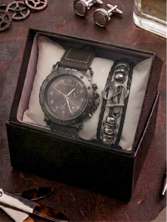 Men's Fashion Watch & Bracelet Set W/Gift Box 