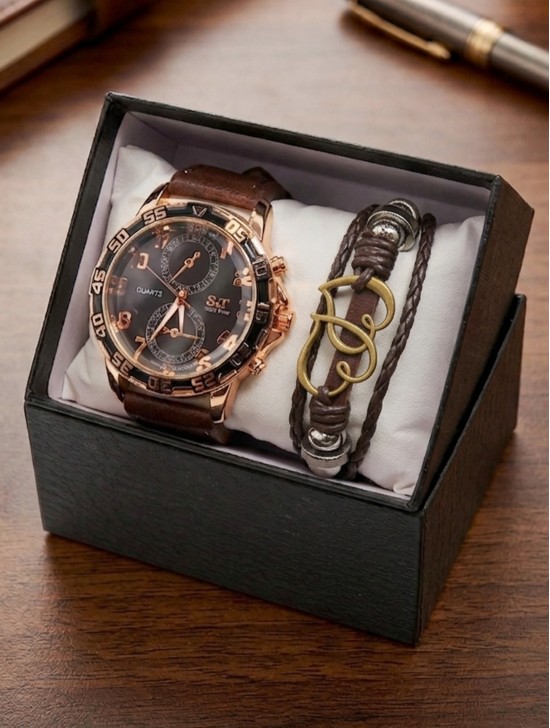 Men's Fashion Watch & Bracelet Set W/Gift Box 