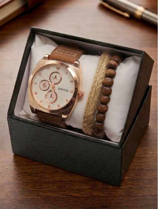 Men's Fashion Watch & Bracelet Set W/Gift Box 