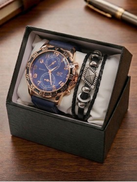 Men's Fashion Watch & Bracelet Set W/Gift Box 
