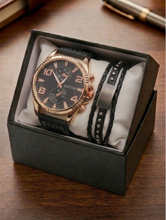Men's Fashion Watch & Bracelet Set W/Gift Box 