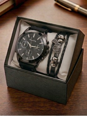 Men's Fashion Watch & Bracelet Set W/Gift Box 