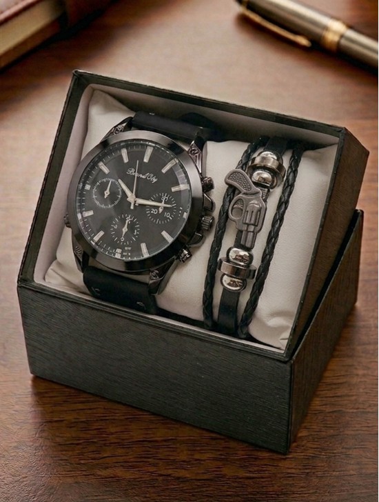 Men's Fashion Watch & Bracelet Set W/Gift Box 