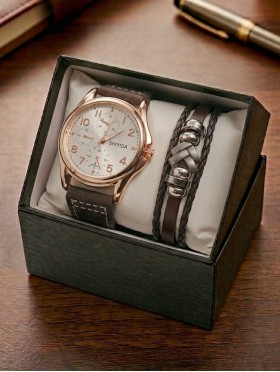 Men's Fashion Watch & Bracelet Set W/Gift Box 