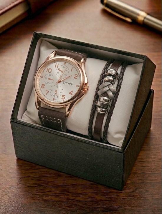 Men's Fashion Watch & Bracelet Set W/Gift Box 