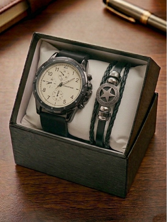 Men's Fashion Watch & Bracelet Set W/Gift Box 