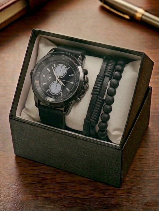 Men's Fashion Watch & Bracelet Set W/Gift Box 