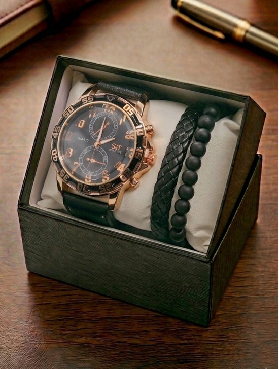 Men's Fashion Watch & Bracelet Set W/Gift Box 