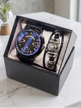 Men's Fashion Watch & Bracelet Set W/Gift Box 